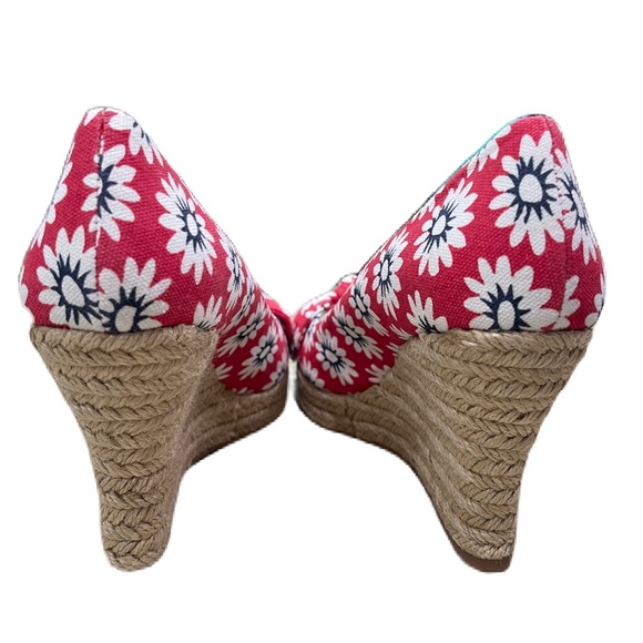 Tory Burch Dory Nantucket Red Navy Sea White Primrose Peep Toe Espadrille Wedges - Picture 10 of 15